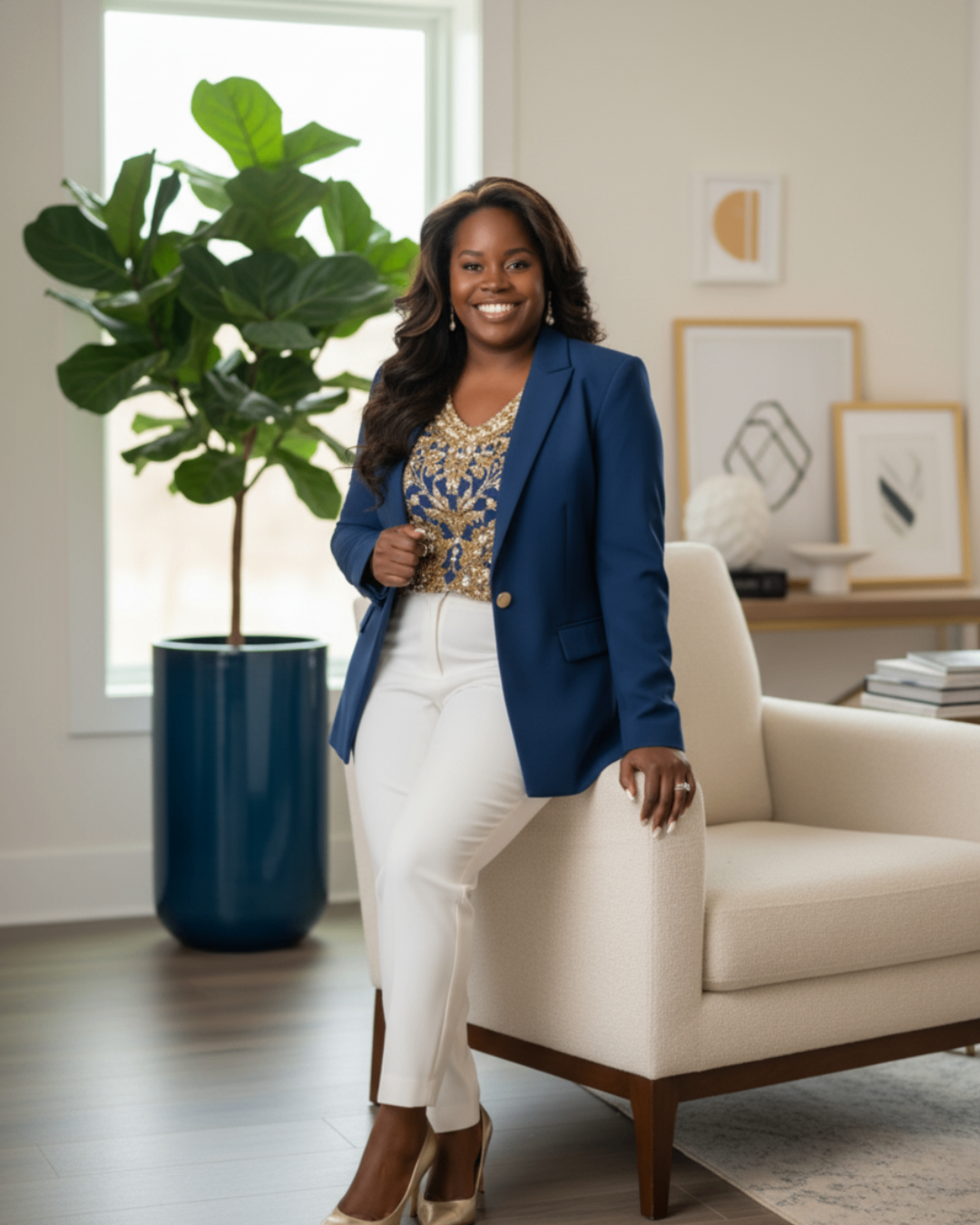 Jessica LaShawn leaning on a chair — the editorial feel of On the Couch with Jessica LaShawn