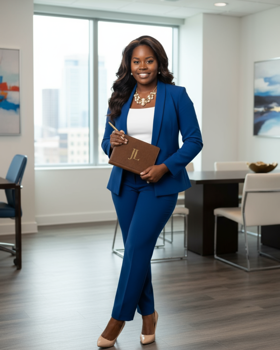 Jessica LaShawn — Chicago business mentor and brand strategist holding her signature JL notebook