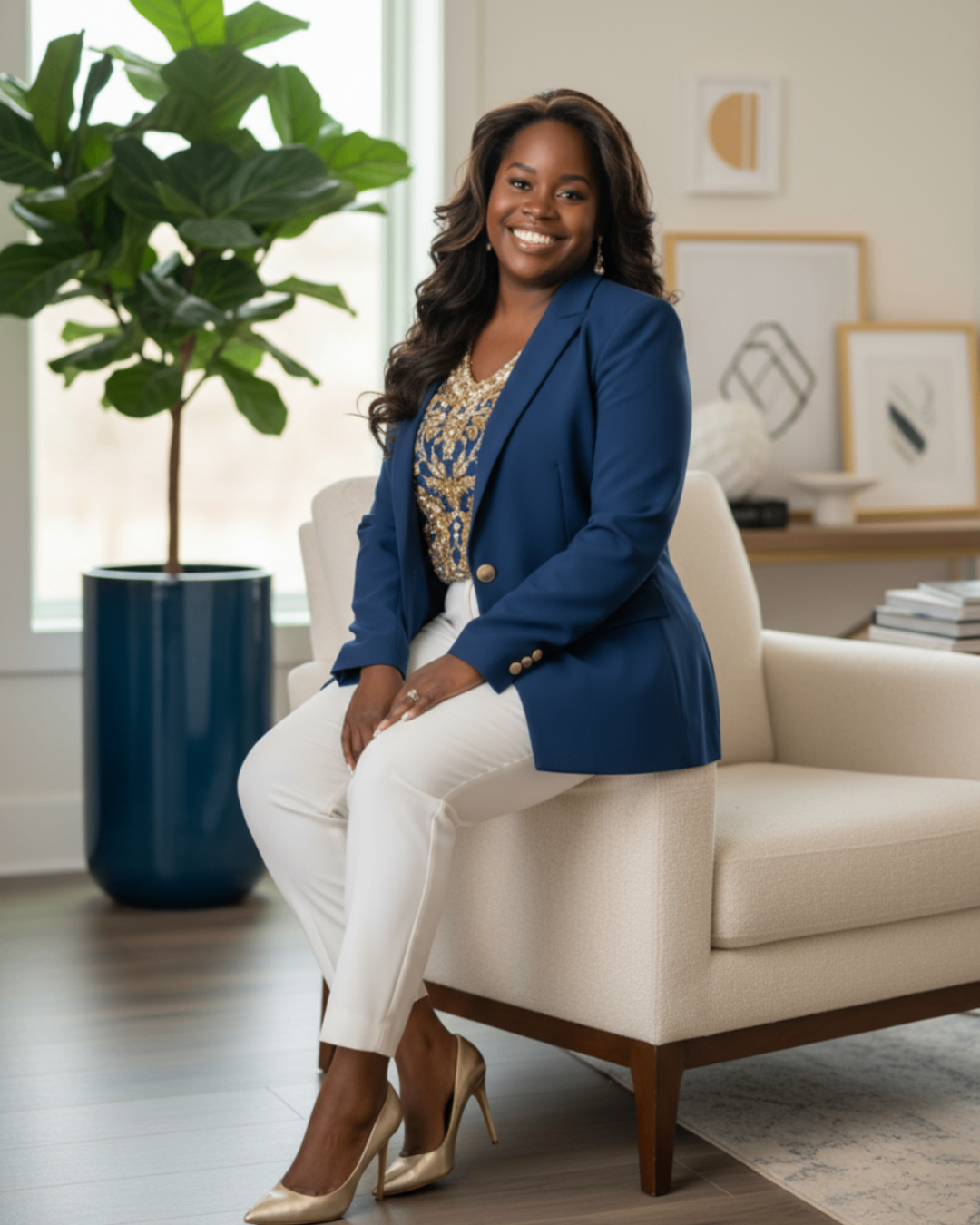 Jessica LaShawn in a navy blazer seated in a bright studio, poised and reflective