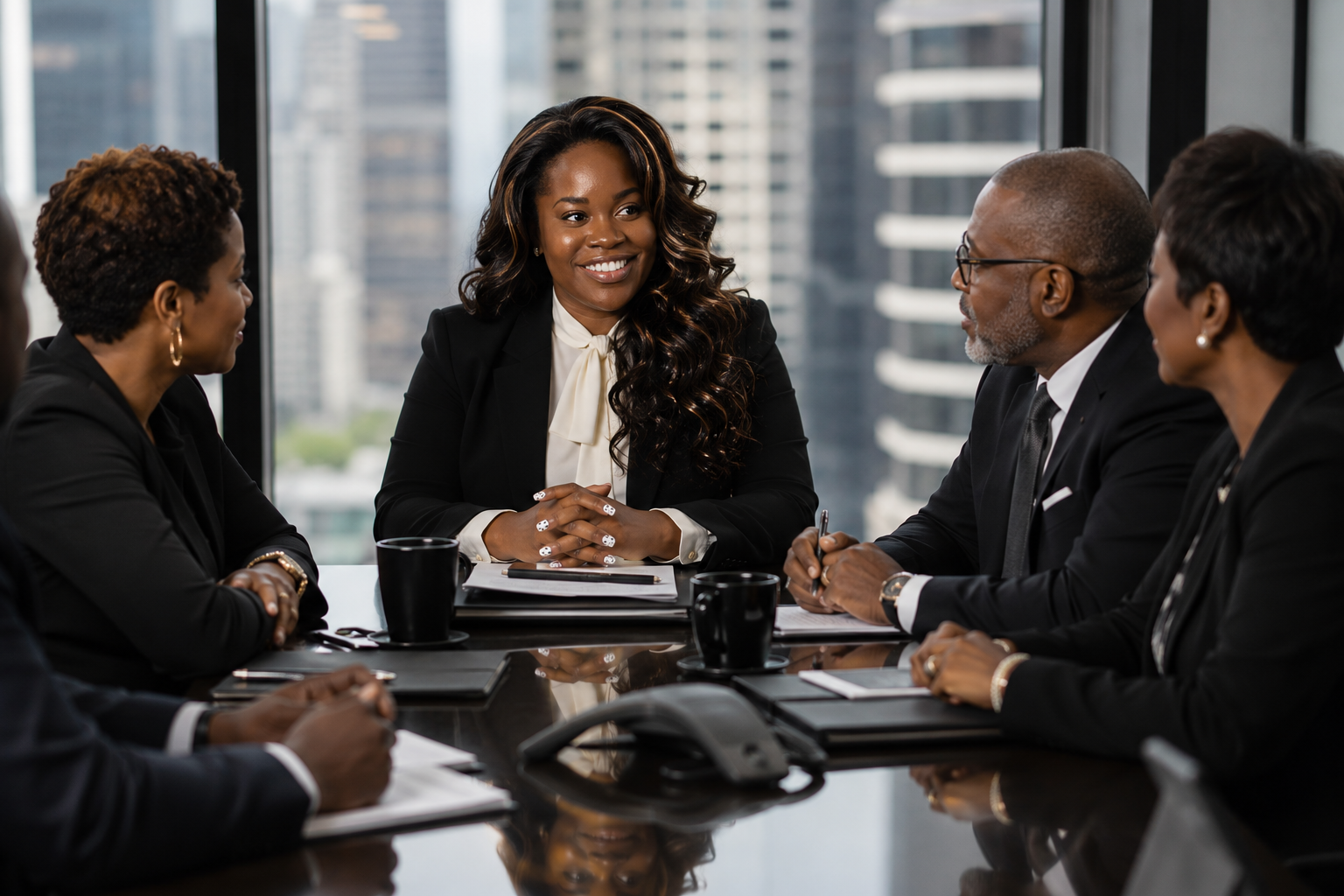 Jessica LaShawn leading a business strategy meeting in a downtown Chicago boardroom